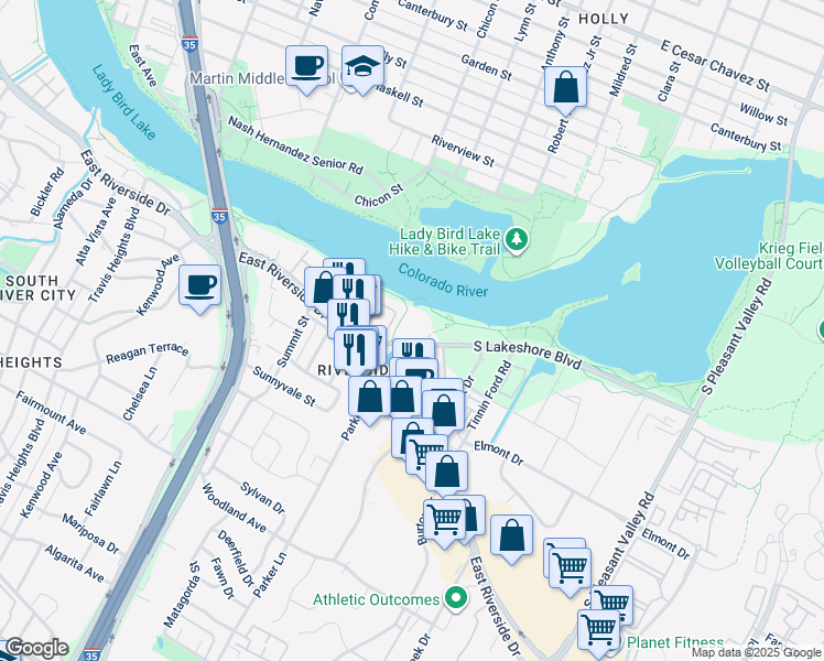 map of restaurants, bars, coffee shops, grocery stores, and more near 1818 South Lakeshore Boulevard in Austin