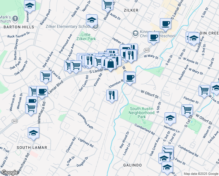 map of restaurants, bars, coffee shops, grocery stores, and more near 2210 Thornton Road in Austin