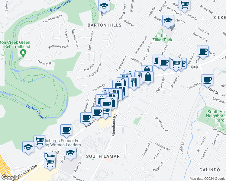map of restaurants, bars, coffee shops, grocery stores, and more near 2121 Dickson Drive in Austin
