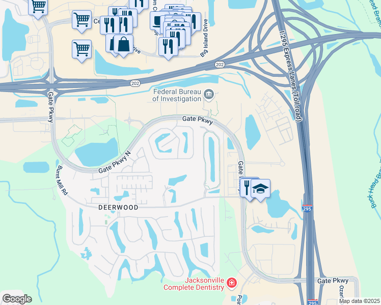 map of restaurants, bars, coffee shops, grocery stores, and more near 11074 Castlemain Circle East in Jacksonville