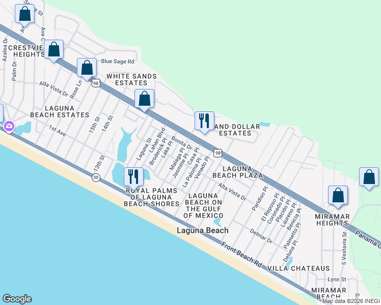map of restaurants, bars, coffee shops, grocery stores, and more near 19717-19785 Panama City Beach Parkway in Panama City Beach
