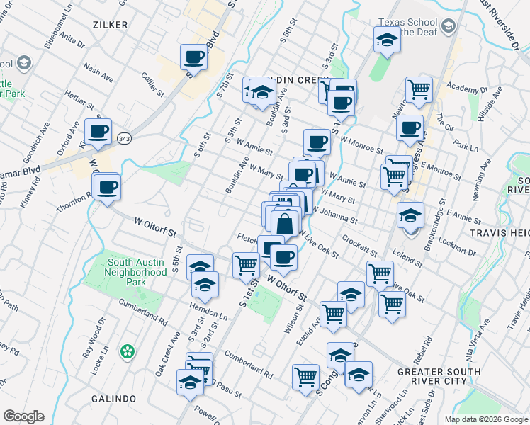 map of restaurants, bars, coffee shops, grocery stores, and more near 704 West Live Oak Street in Austin
