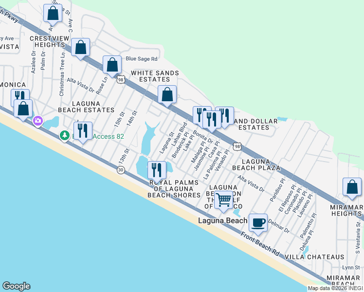 map of restaurants, bars, coffee shops, grocery stores, and more near 307 Broderick Place in Panama City Beach