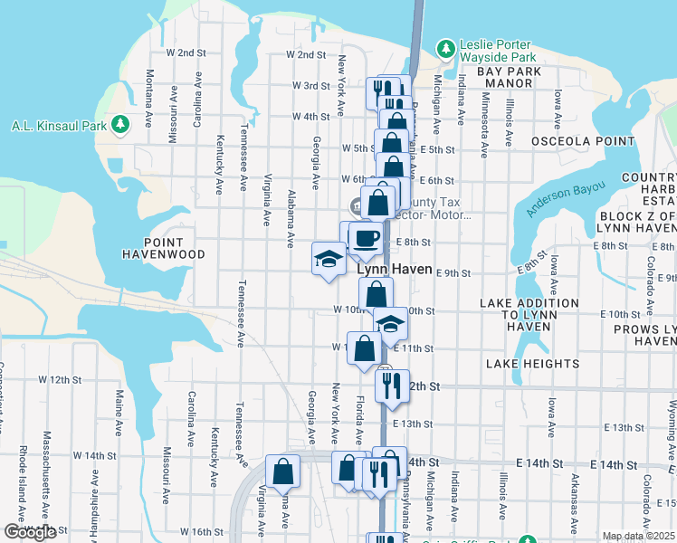 map of restaurants, bars, coffee shops, grocery stores, and more near 298 West 9th Street in Lynn Haven