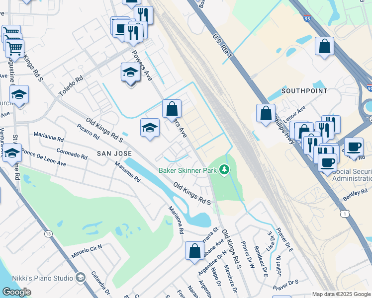 map of restaurants, bars, coffee shops, grocery stores, and more near 7400 Powers Avenue in Jacksonville
