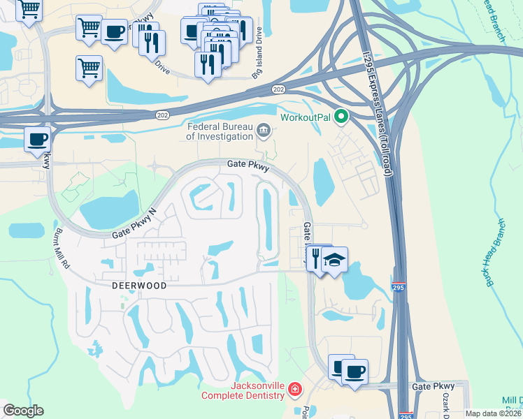 map of restaurants, bars, coffee shops, grocery stores, and more near 7484 Scarlet Ibis Lane in Jacksonville