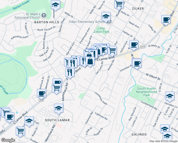 map of restaurants, bars, coffee shops, grocery stores, and more near 2525 South Lamar Boulevard in Austin