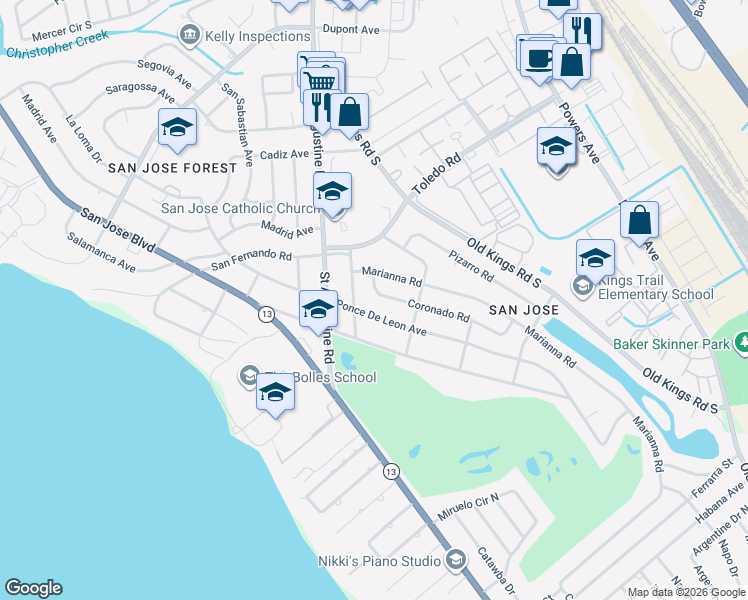 map of restaurants, bars, coffee shops, grocery stores, and more near 3612 Coronado Road in Jacksonville