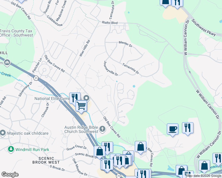 map of restaurants, bars, coffee shops, grocery stores, and more near 6103 Steep Cactus Trail in Austin