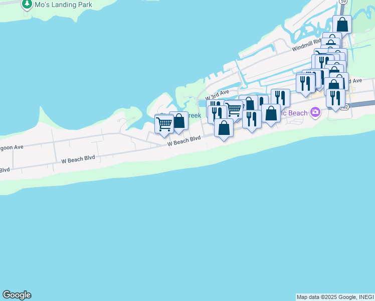 map of restaurants, bars, coffee shops, grocery stores, and more near 801 West Beach Boulevard in Gulf Shores