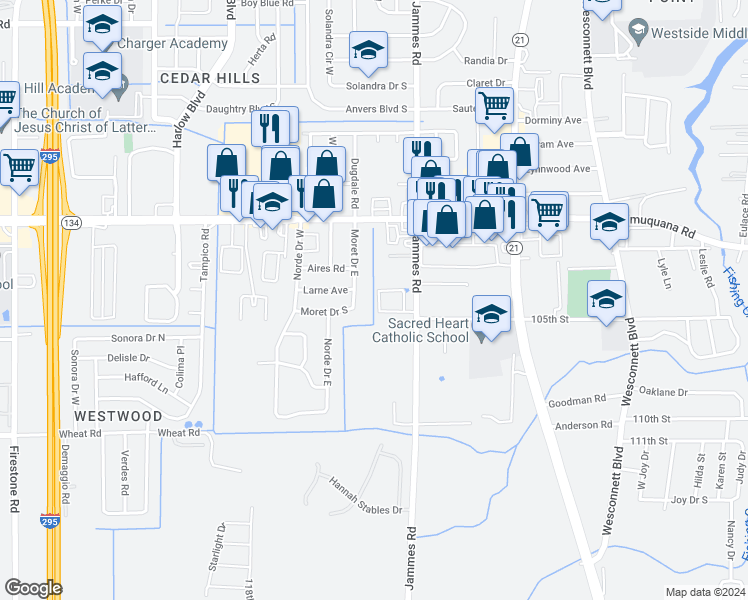 map of restaurants, bars, coffee shops, grocery stores, and more near 5606 Jammes Road in Jacksonville
