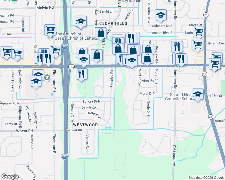 map of restaurants, bars, coffee shops, grocery stores, and more near 5563 Tampico Road in Jacksonville