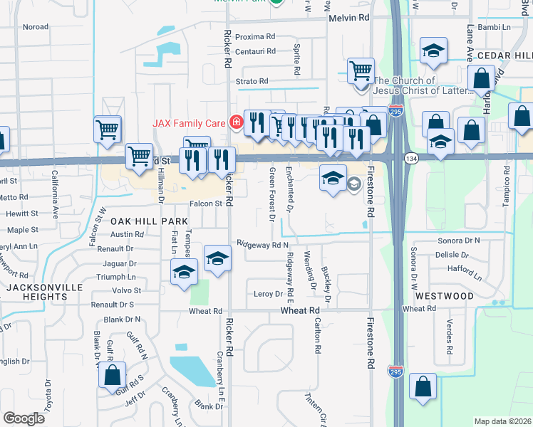 map of restaurants, bars, coffee shops, grocery stores, and more near 7540 103rd Street in Jacksonville