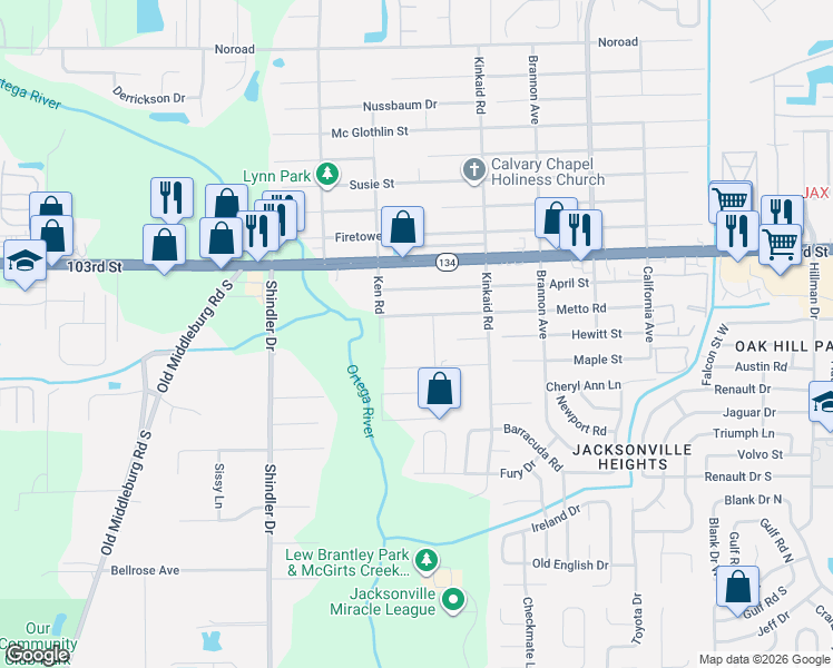 map of restaurants, bars, coffee shops, grocery stores, and more near 8510 Ohio Avenue in Jacksonville