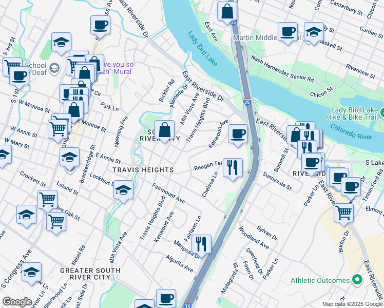 map of restaurants, bars, coffee shops, grocery stores, and more near 1014 Bonham Terrace in Austin