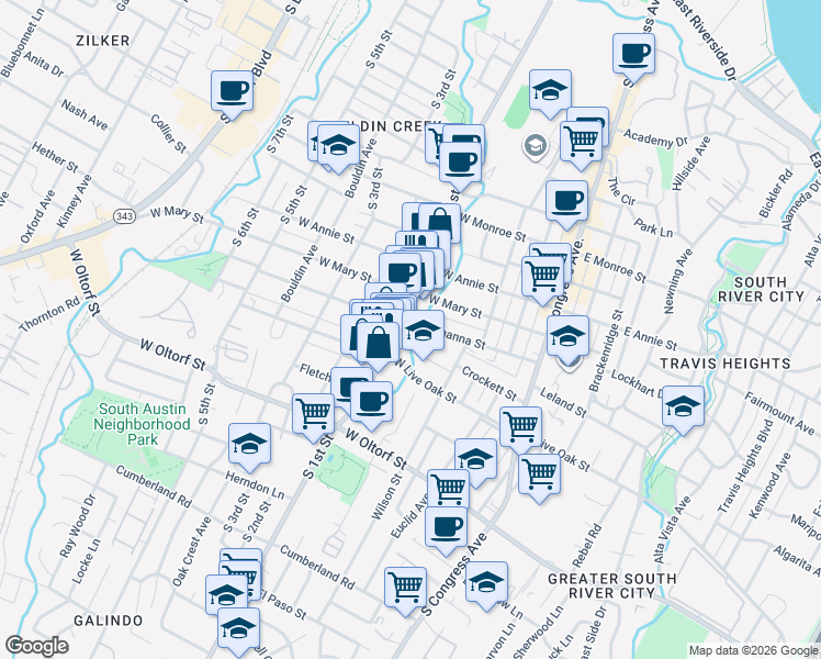map of restaurants, bars, coffee shops, grocery stores, and more near 1811 South 1st Street in Austin