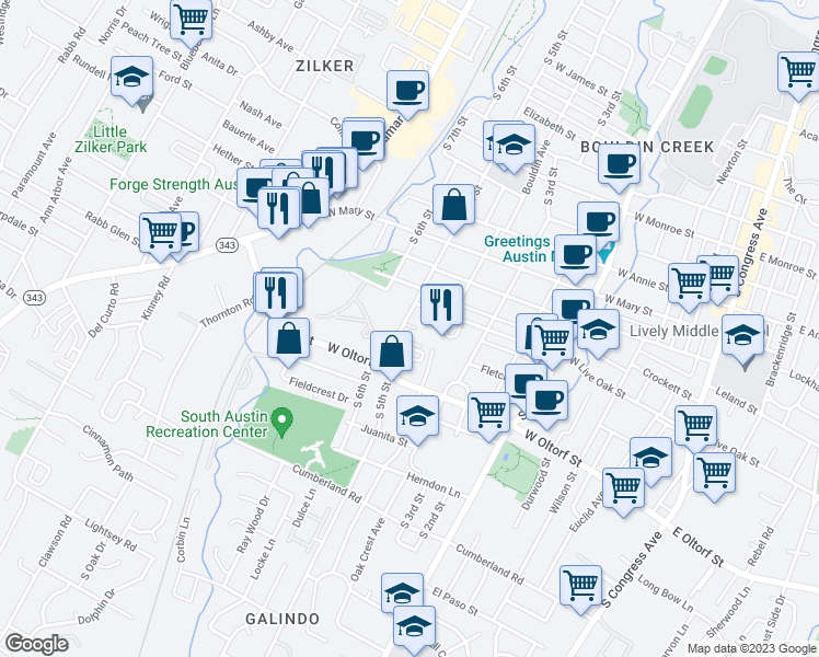 map of restaurants, bars, coffee shops, grocery stores, and more near 2112 South 5th Street in Austin