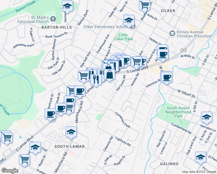 map of restaurants, bars, coffee shops, grocery stores, and more near 2525 South Lamar Boulevard in Austin