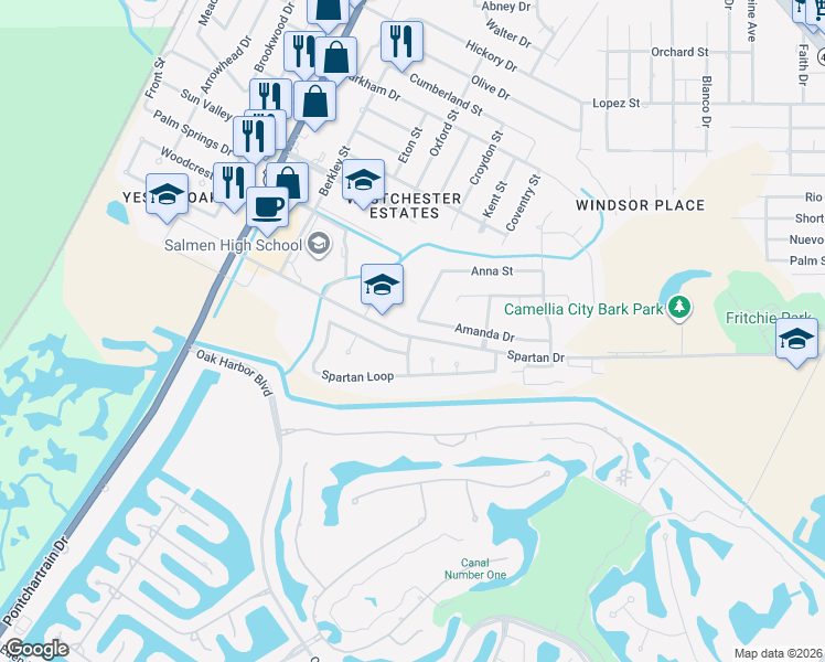 map of restaurants, bars, coffee shops, grocery stores, and more near 501 Spartan Drive in Slidell