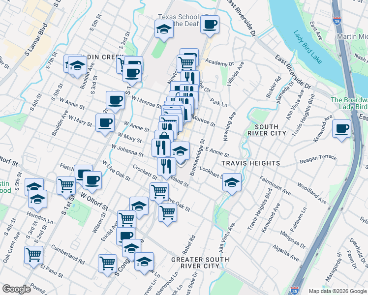 map of restaurants, bars, coffee shops, grocery stores, and more near 1804 Nickerson Street in Austin