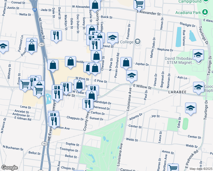 map of restaurants, bars, coffee shops, grocery stores, and more near 201 East Pine Street in Lafayette
