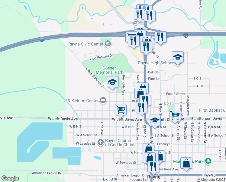 map of restaurants, bars, coffee shops, grocery stores, and more near 700 Martin Luther King Drive in Rayne