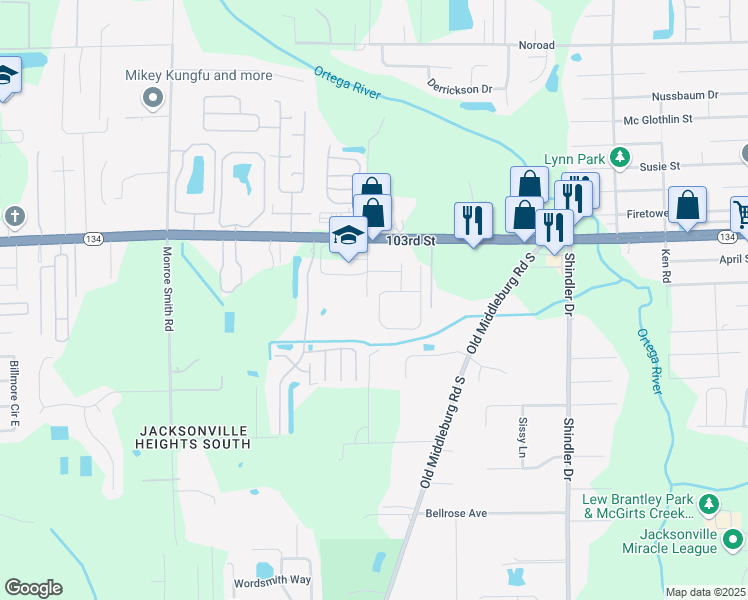 map of restaurants, bars, coffee shops, grocery stores, and more near 5681 Village Pond Circle in Jacksonville