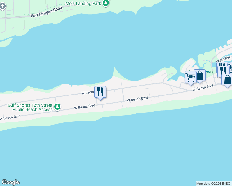 map of restaurants, bars, coffee shops, grocery stores, and more near 1105 West Lagoon Avenue in Gulf Shores