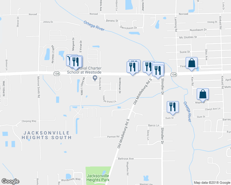 map of restaurants, bars, coffee shops, grocery stores, and more near 5766 Village Pond Circle in Jacksonville