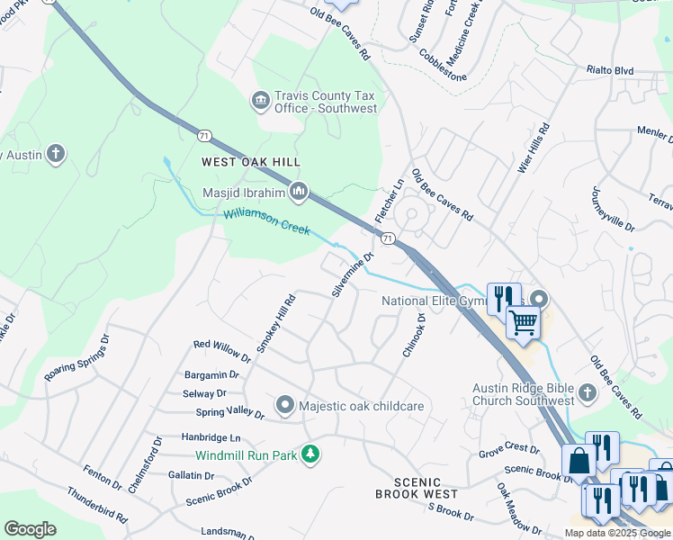 map of restaurants, bars, coffee shops, grocery stores, and more near 6718 Silvermine Drive in Austin
