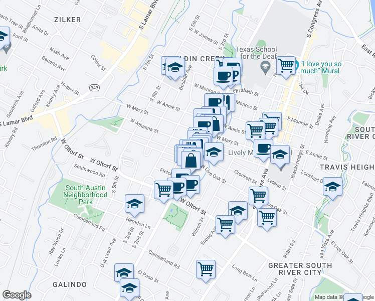 map of restaurants, bars, coffee shops, grocery stores, and more near 2007 South 2nd Street in Austin