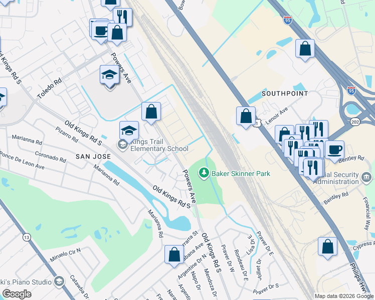 map of restaurants, bars, coffee shops, grocery stores, and more near 7500 Powers Ave in Jacksonville