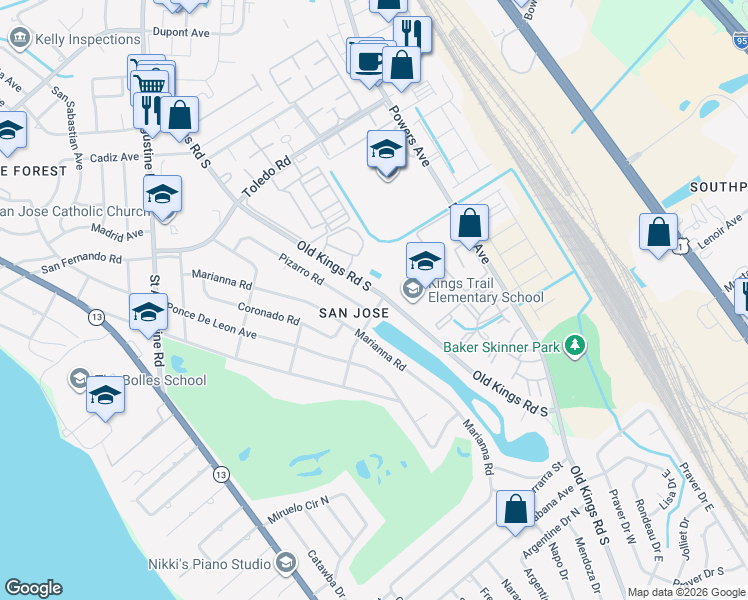 map of restaurants, bars, coffee shops, grocery stores, and more near 7373 Old Kings Road South in Jacksonville