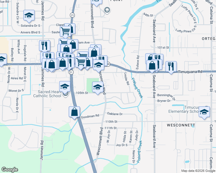 map of restaurants, bars, coffee shops, grocery stores, and more near 5535 Wesconnett Boulevard in Jacksonville