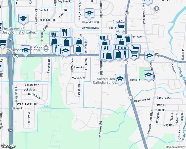 map of restaurants, bars, coffee shops, grocery stores, and more near 5606 Jammes Road in Jacksonville