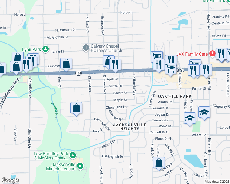 map of restaurants, bars, coffee shops, grocery stores, and more near 8206 Metto Road in Jacksonville