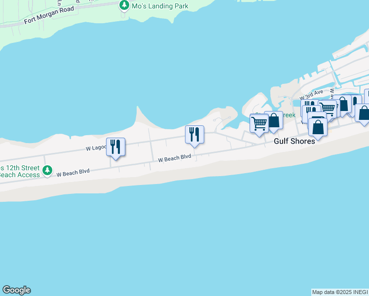map of restaurants, bars, coffee shops, grocery stores, and more near 1025 West Lagoon Avenue in Gulf Shores