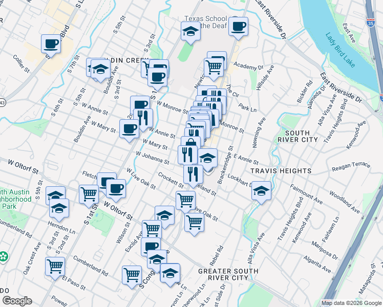 map of restaurants, bars, coffee shops, grocery stores, and more near 1805 Eva Street in Austin