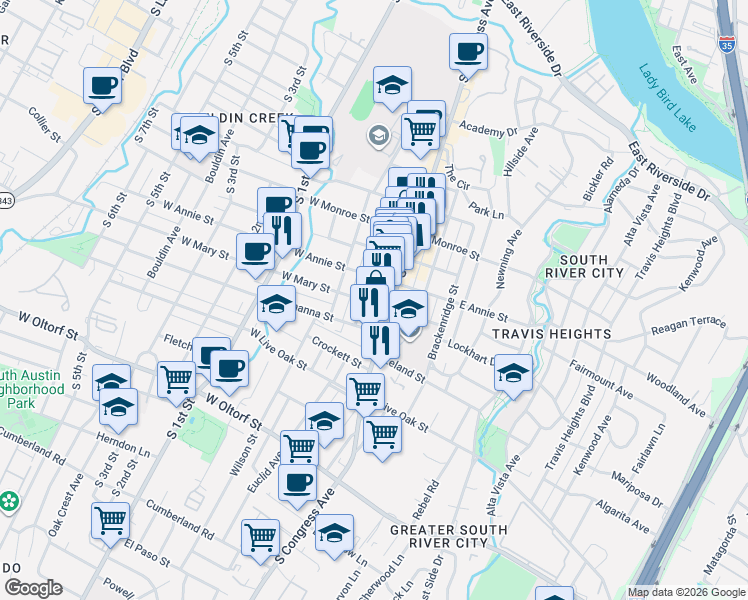 map of restaurants, bars, coffee shops, grocery stores, and more near 1805 Eva Street in Austin