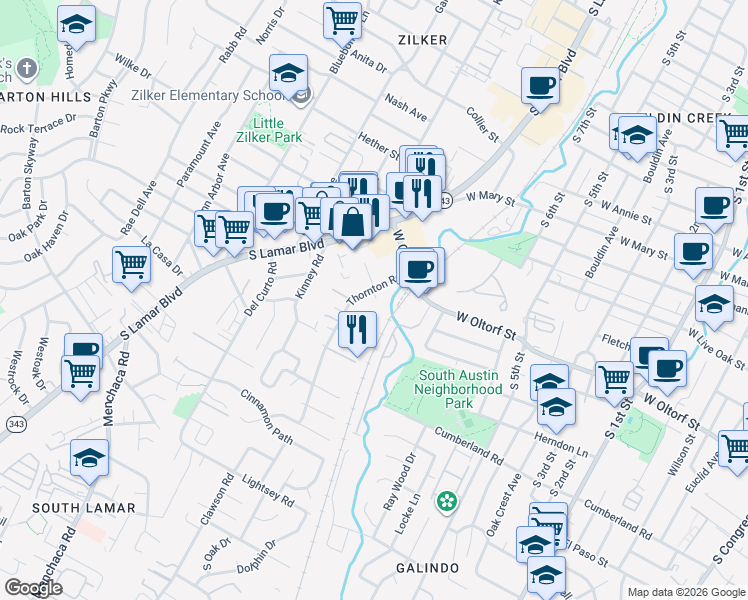 map of restaurants, bars, coffee shops, grocery stores, and more near 2210 Thornton Road in Austin