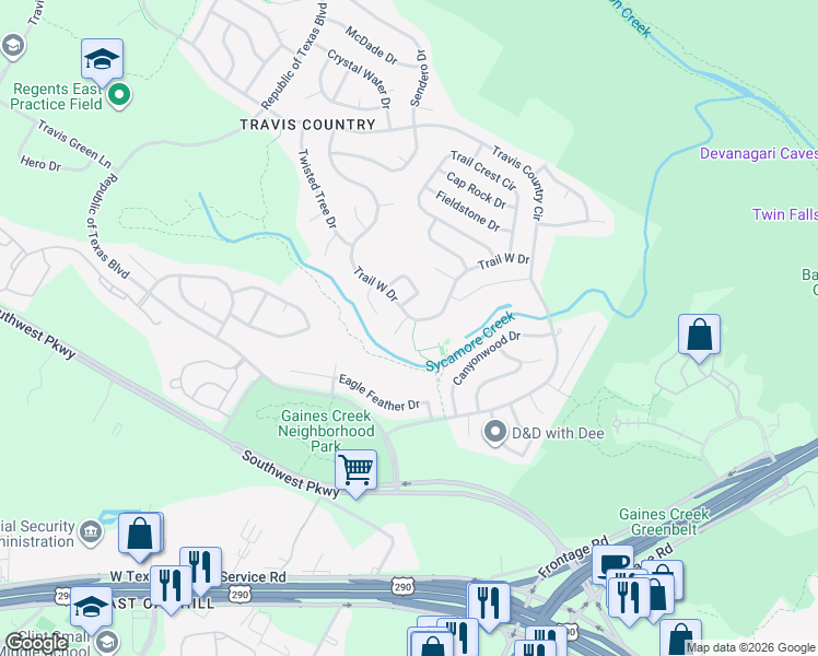 map of restaurants, bars, coffee shops, grocery stores, and more near 4600 Creek Ridge in Austin