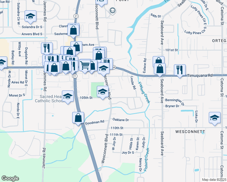 map of restaurants, bars, coffee shops, grocery stores, and more near 5535 Wesconnett Boulevard in Jacksonville