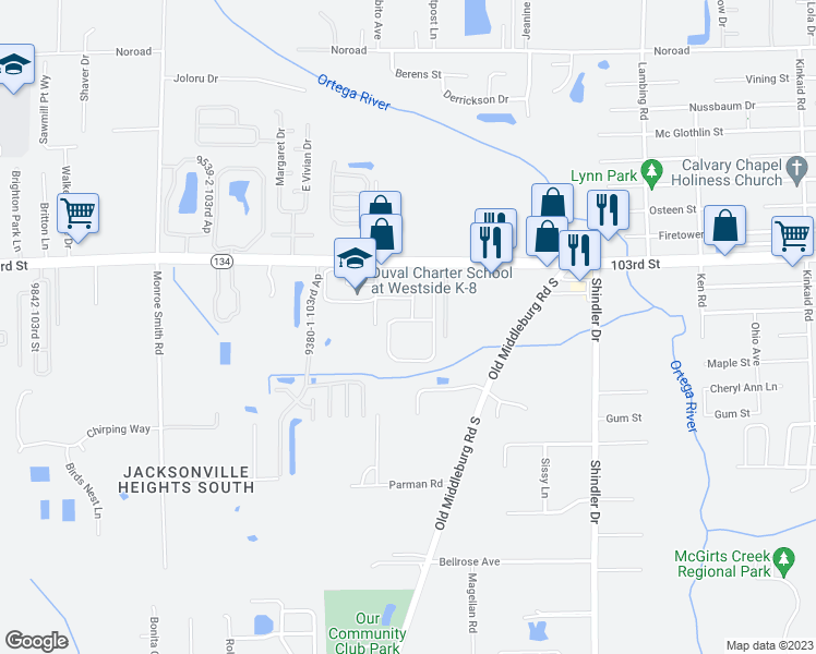 map of restaurants, bars, coffee shops, grocery stores, and more near 5734 Village Pond Circle in Jacksonville