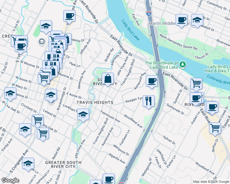 map of restaurants, bars, coffee shops, grocery stores, and more near 1502 Travis Heights Boulevard in Austin
