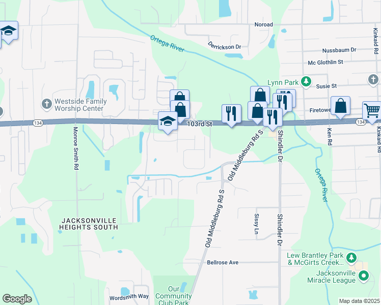 map of restaurants, bars, coffee shops, grocery stores, and more near 5728 Village Pond Circle in Jacksonville