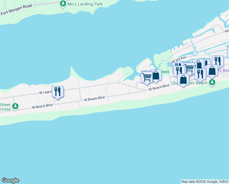 map of restaurants, bars, coffee shops, grocery stores, and more near 957 West Lagoon Avenue in Gulf Shores