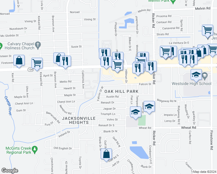 map of restaurants, bars, coffee shops, grocery stores, and more near 7924 Falcon Street in Jacksonville