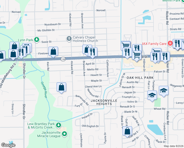 map of restaurants, bars, coffee shops, grocery stores, and more near 8206 Metto Road in Jacksonville