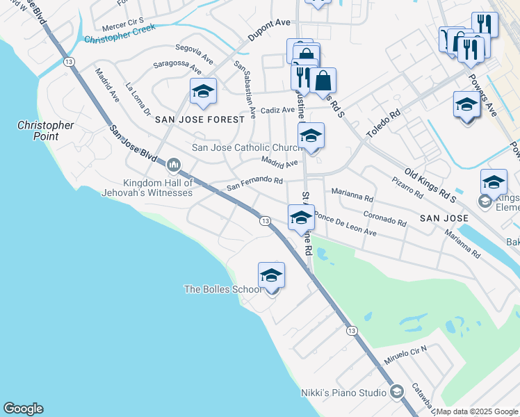 map of restaurants, bars, coffee shops, grocery stores, and more near 7317 San Jose Boulevard in Jacksonville