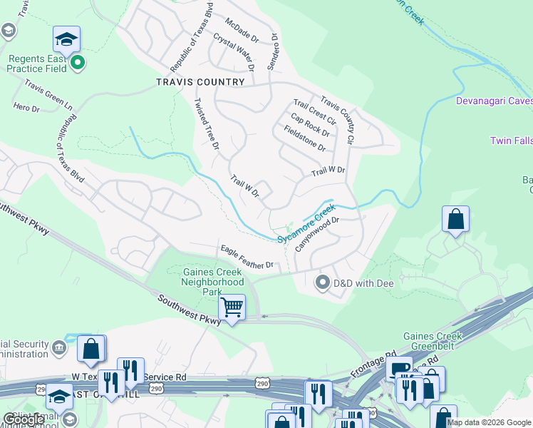 map of restaurants, bars, coffee shops, grocery stores, and more near 4600 Creek Ridge in Austin